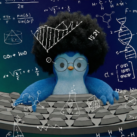 Carlos's avatar: a blue bird with a big afro and round glasses at a keyboard, surrounded by chalk equations
